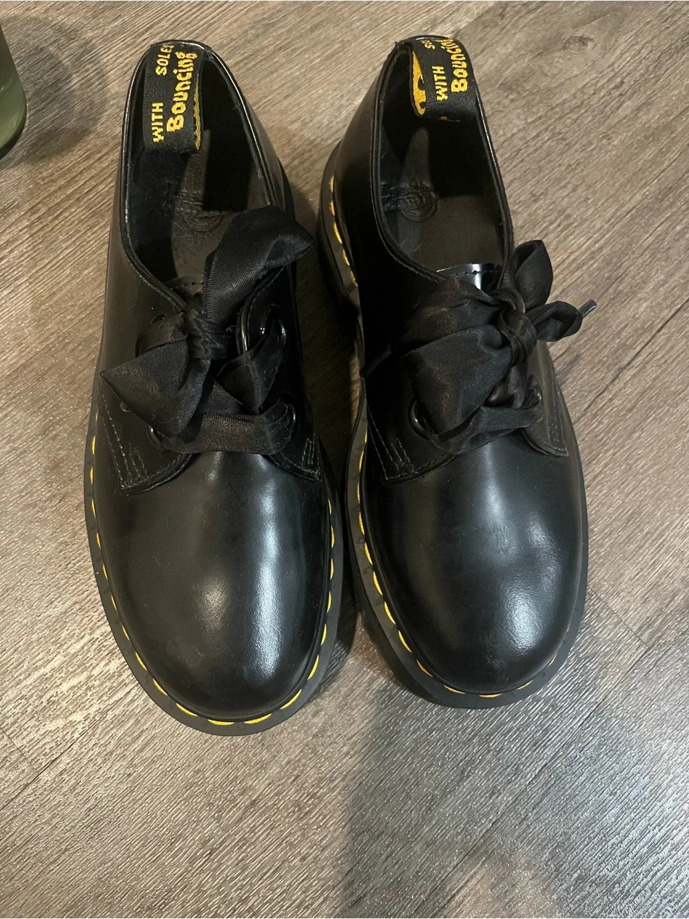Black  Dr. Martens Holl Platform with Black ribbon Lace-Up Shoes with Yellow Sti